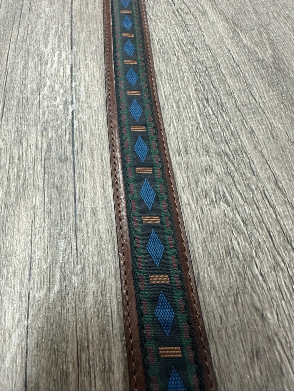 Vintage Woolrich Brown Leather Belt with Blue Geometric Inlay brass buckle
